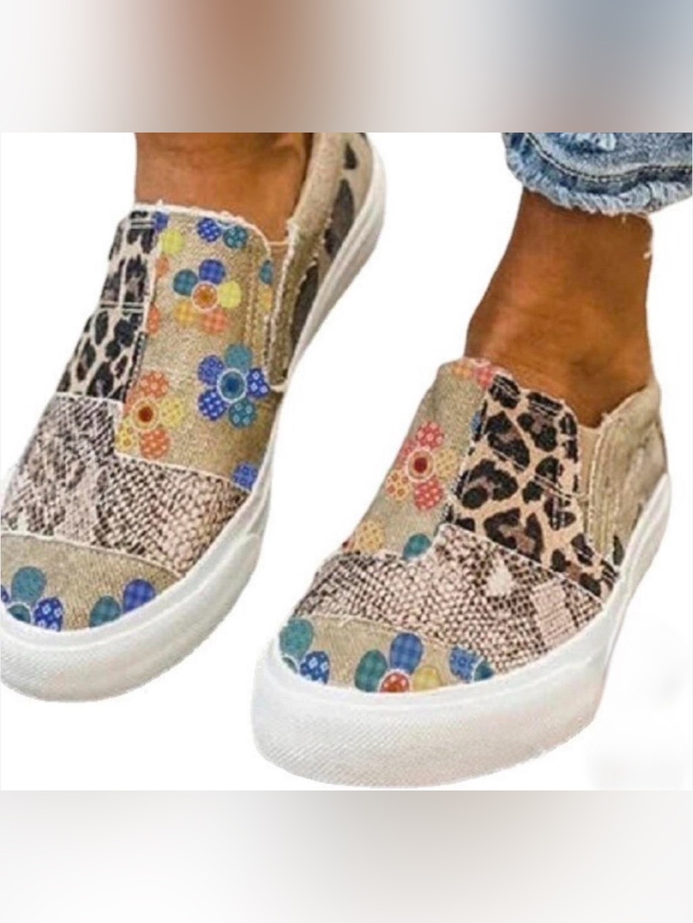 Casual Floral & Animal Print Slip-On Sneakers - Neutral